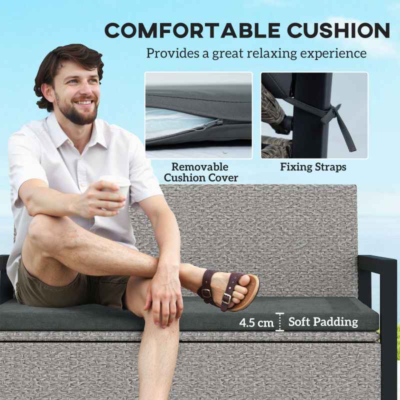 Outsunny Garden Storage Bench with 151.5L Capacity, Inner Bag, 2 Seater PE Rattan Outdoor Garden Bench with Storage, Cushion, Wicker Outdoor Bench Loveseat for Patio, Grey