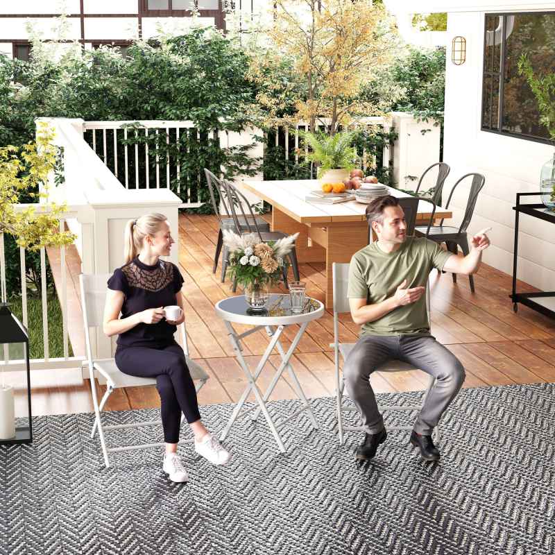 Outsunny 3 Pieces Outdoor Bistro Set, Glass Top Outdoor Table and 2 Folding Chairs, Garden Furniture Set with Protecting Feet, Steel Frame, Easy Clean, White