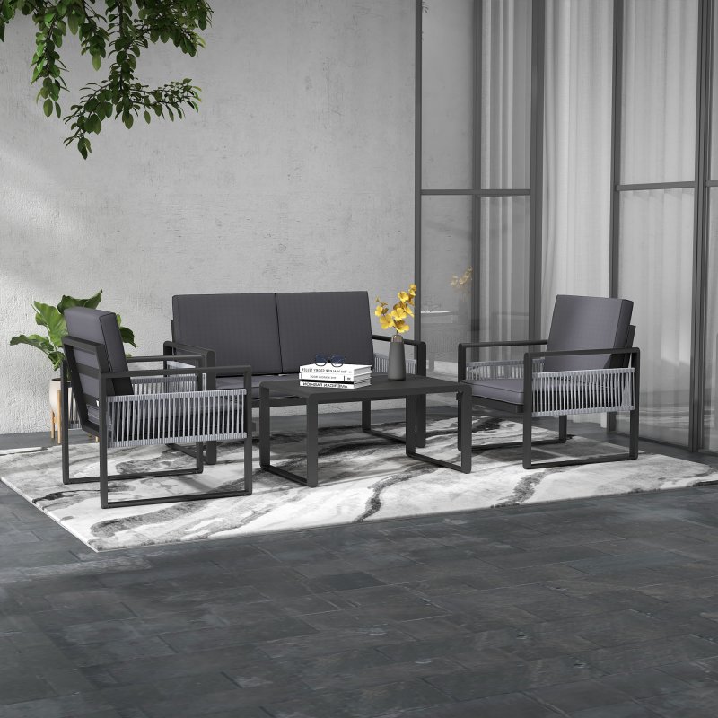 Outsunny 4 Pieces Aluminium Garden Furniture Set with Cushions, Patio Furniture Set with Slatted Aluminium Top Coffee Table, Sofa Set with Rope Decoration Weave Armchairs, Black