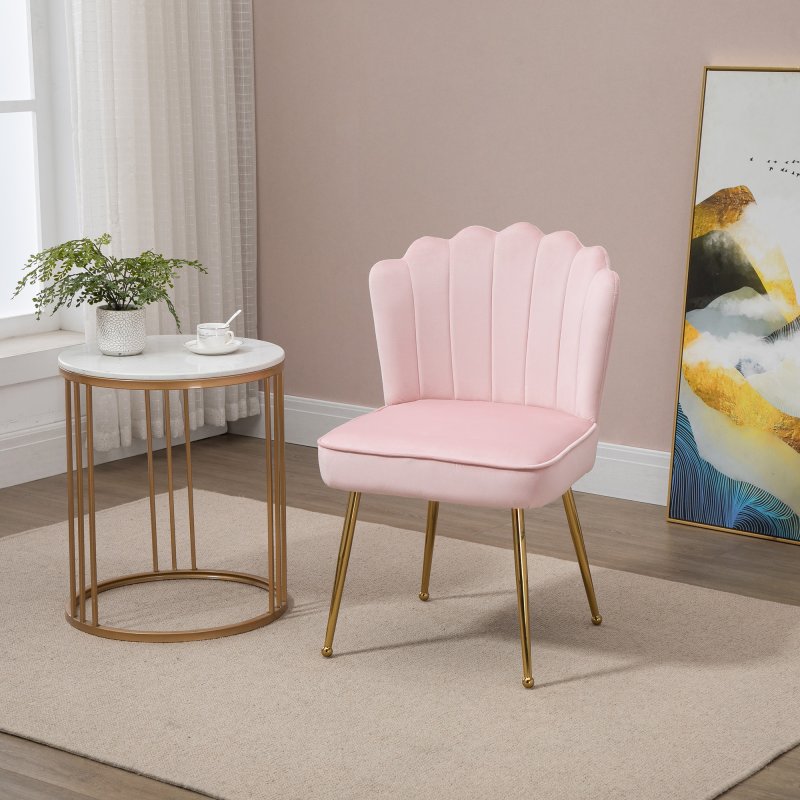HOMCOM Shell Luxe Velvet Accent Chair with Gold-tone Metal Legs, Modern Vanity Chair for Living Room, Bedroom, Home Office, Pink