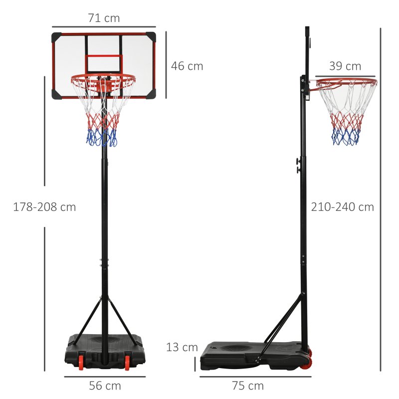 SPORTNOW Height Adjustable Basketball Hoop and Stand with Firm Backboard and Weighted Base, Portable on Wheels, 1.8-2.1m, Red