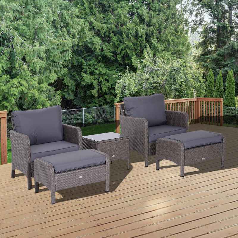 Outsunny 5 Pieces PE Rattan Garden Furniture Set with 10cm Thick Padded Cushions, Wicker Weave Outdoor Seating Chairs with 2 Armchairs, 2 Stools, Glass Top Table, Grey
