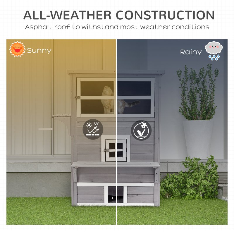 PawHut Outdoor Cat House, 3 Tier Wooden Kitten Shelter with Jumping Platforms, Asphalt Roof, Doors for Indoor, Garden - Grey
