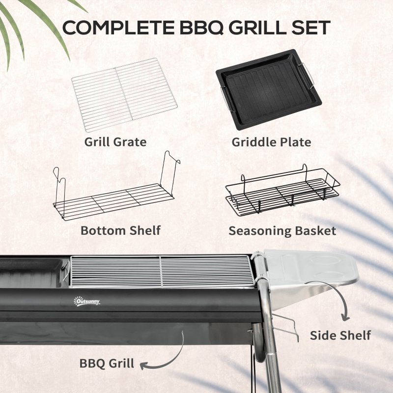 Outsunny Portable Charcoal Barbecue BBQ Grill with Griddle Plate, Easy Assembly, Stainless Steel Cooker with Seasoning Baskets, Storage Shelves and Hooks for Camping Picnic Hiking Garden Party
