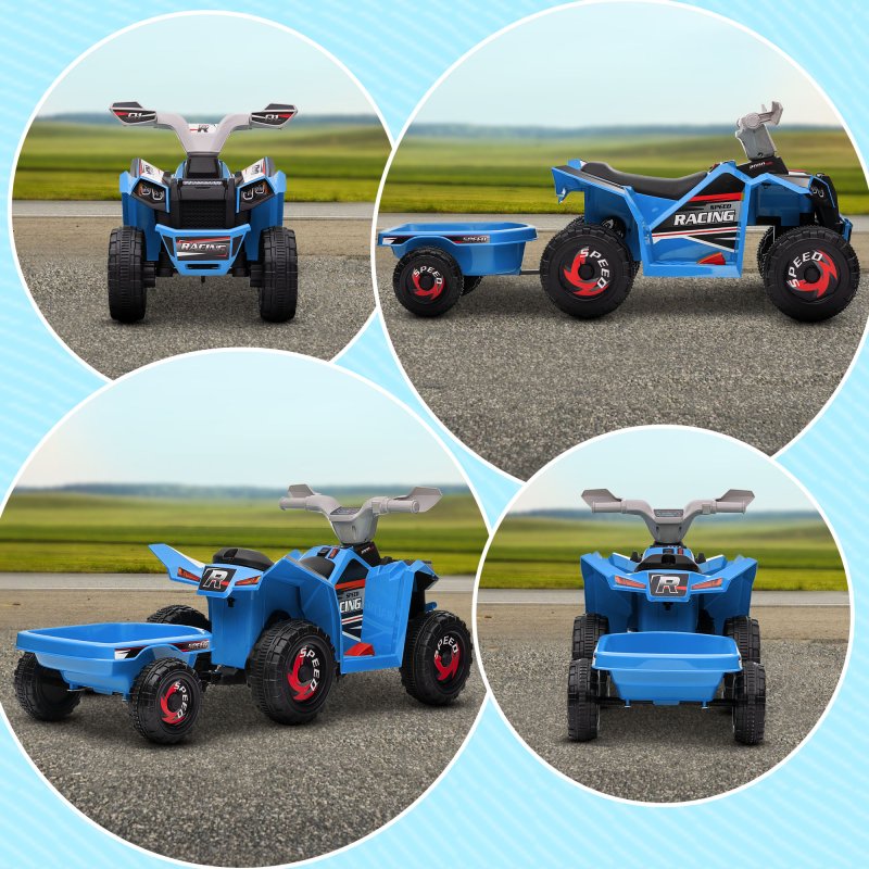 HOMCOM Electric Quad Bike, 6V Kids Ride On All-Terrain with Back Trailer for Ages 18-36 Months - Blue
