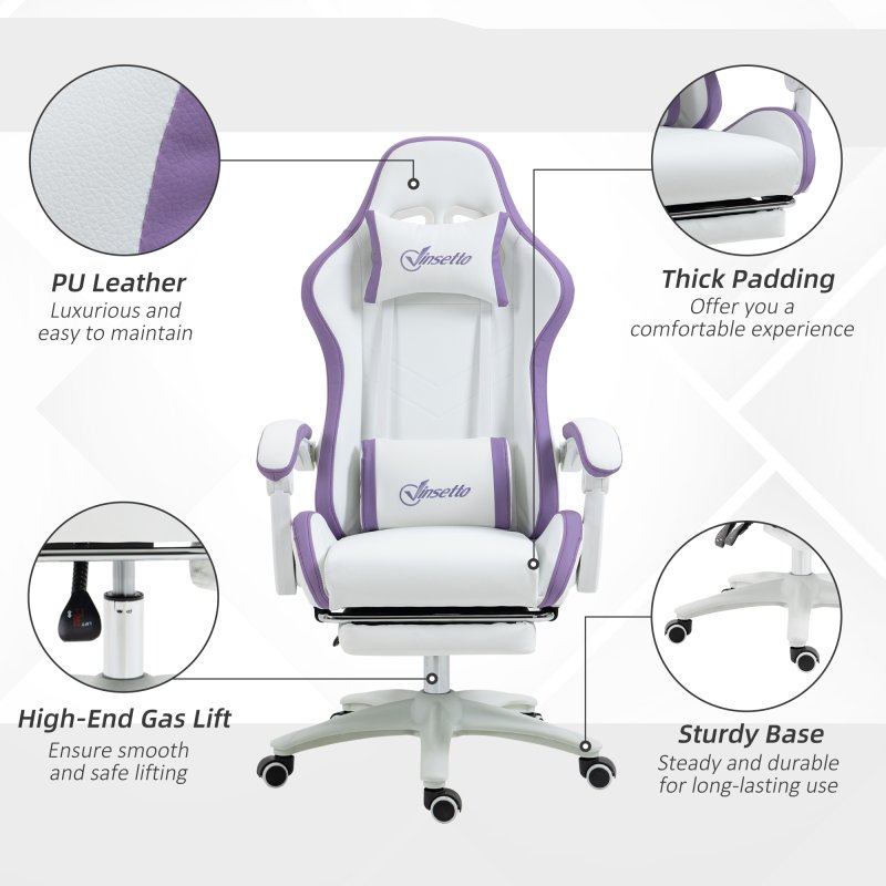 Vinsetto Computer Gaming Chair, PU Leather Office Desk Chair with Footrest, Swivel Wheels, 135?? Reclining Back, Lumbar Support, Headrest for Home, White and Purple