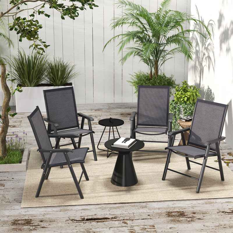 Outsunny Set of 4 Folding Garden Chairs, Metal Frame Garden Chairs Outdoor Patio Park Dining Seat with Breathable Mesh Seat, Charcoal Grey