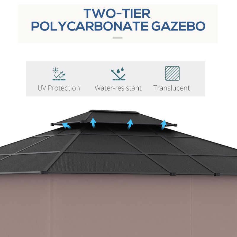 Outsunny 3.6 x 3 (m) Outdoor Polycarbonate Gazebo, Double Roof Hard Top Gazebo with Galvanised Steel Frame, Nettings & Curtains for Garden, Lawn, Patio and Deck