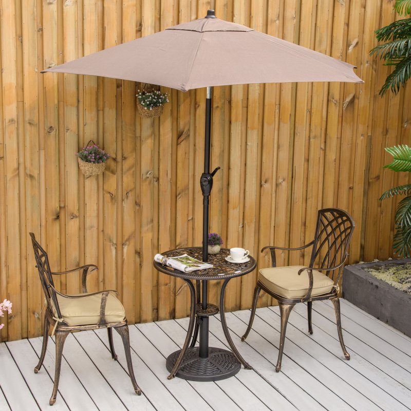 Outsunny 3 Piece Cast Aluminium Garden Bistro Set for 2, Outdoor Coffee Table Set Rust Resistant with Parasol Hole, Cushions, Patio Table and Chairs for Garden, Balcony, Bronze Tone