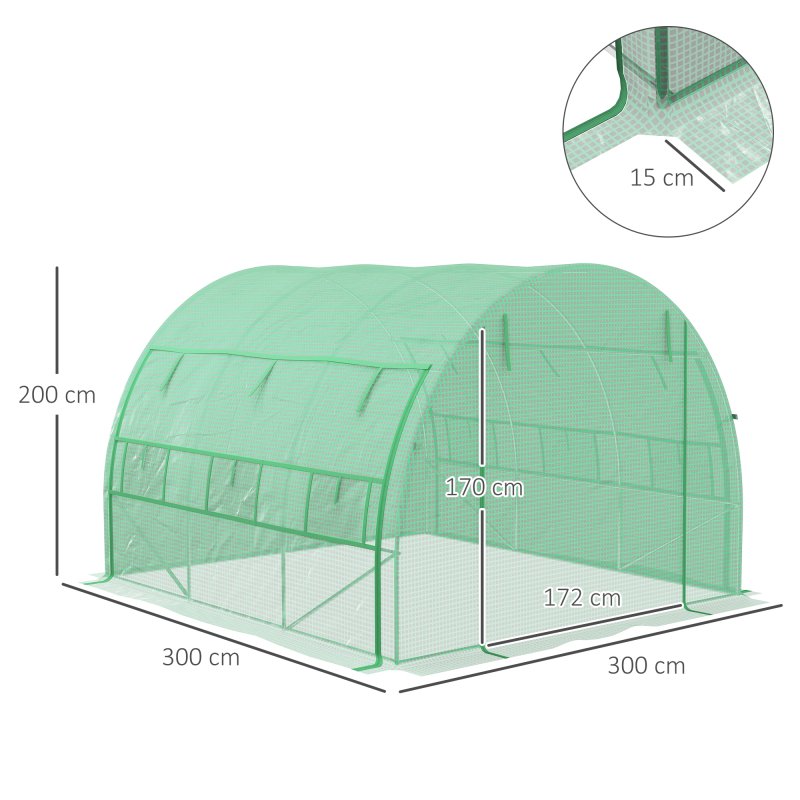 Outsunny 3 x 3 x 2 m Polytunnel Greenhouse with Roll-up Side Walls, Walk-in Grow House Tent with Steel Frame, Reinforced Cover, Zipped Door and 6 Mesh Windows for Garden, Green