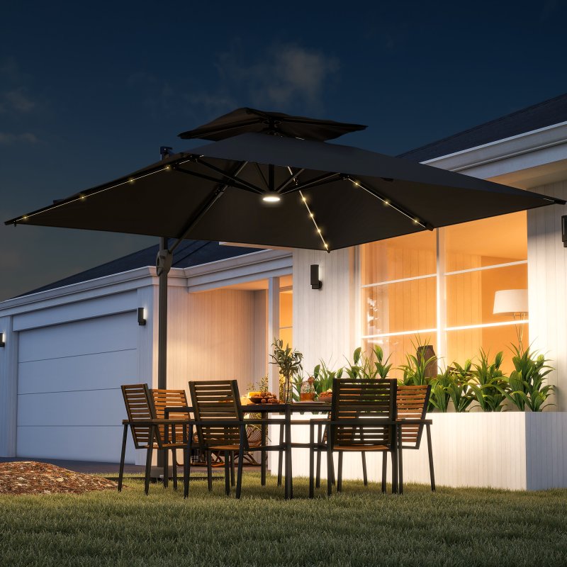Outsunny 3.5x3 m Garden Cantilever Parasol with Solar LED Lights and Centre Light, UPF50+ Aluminium Patio Umbrella with 360 Rotation and Tilt, Hanging Sun Shade with Cross Base, Crank Handle, Black