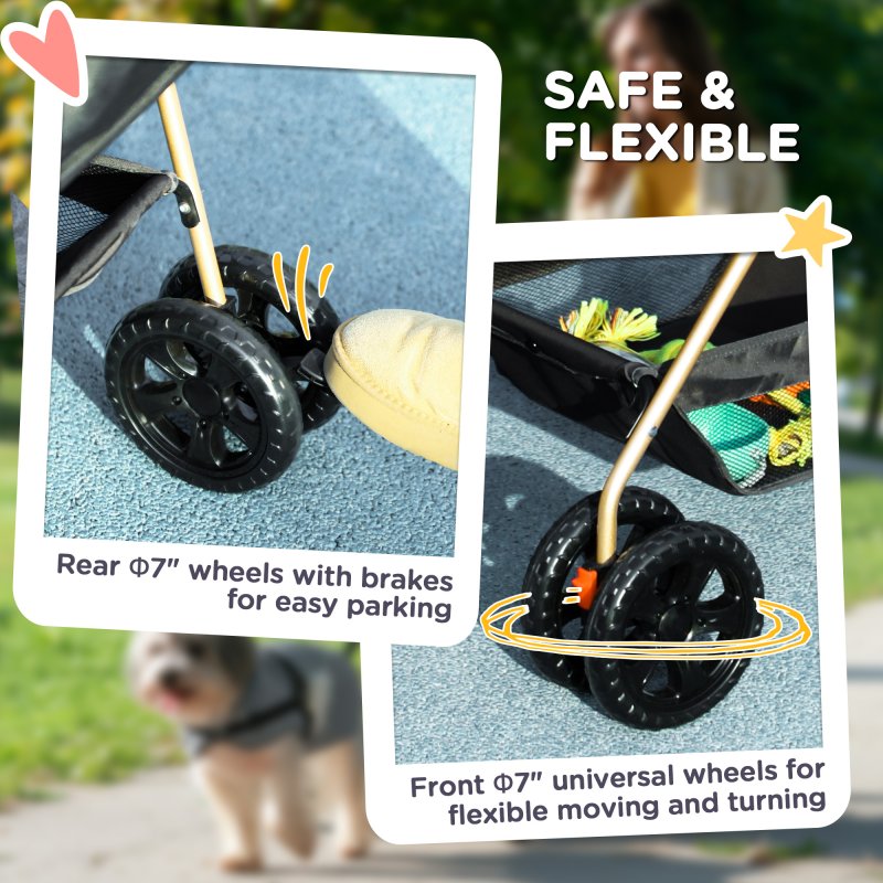 PawHut Pet Stroller, 3 in 1 Folding Dog Stroller Pram w/ 4 Wheels, Detachable Carrier, Storage Basket, Cup Holder, Safety Leashes, for Mini Dogs, Cats, Black