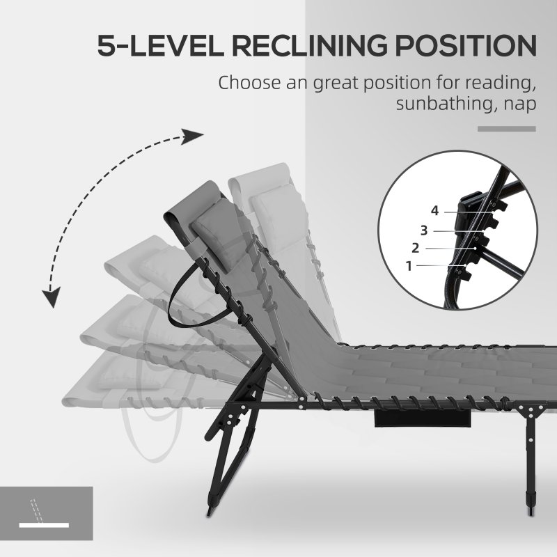 Outsunny 2 Piece Foldable Sun Lounger Set with 5-level Reclining Back, Outdoor Tanning Chairs Sun Loungers with Build-in Padded Seat, Side Pocket, Headrest for Beach, Patio, Grey