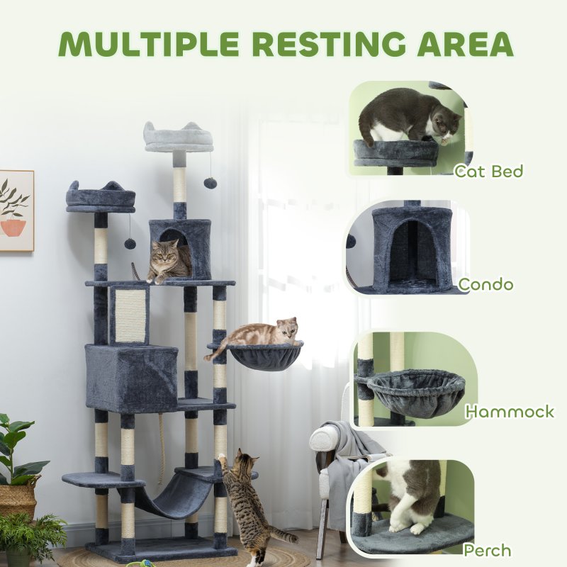 PawHut Cat Tree, 206cm Cat Tower with Sisal Scratching Posts and Board, Beds, Condos, Platforms, Hammocks, Toy Balls & Rope, Anti-Tip Kit, Kitten Activity Centre for Indoor, Dark Grey