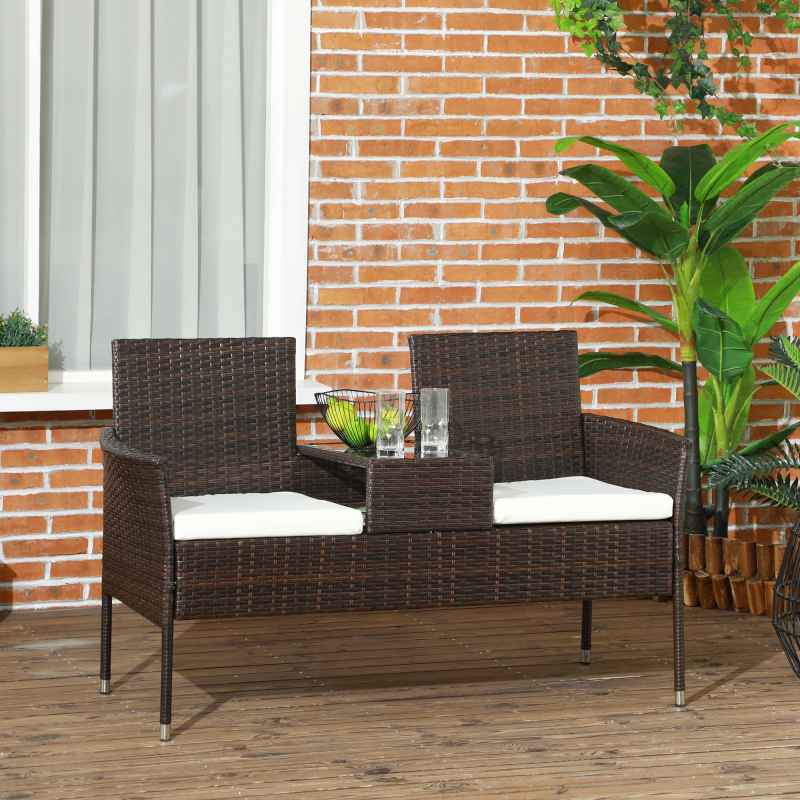 Outsunny 2 Seat Rattan Garden Bench, Patio Wicker Chair with Glass Tea Table, Outdoor Love Seat with Padded Cushions, for Garden, Porch, Brown/Cream White