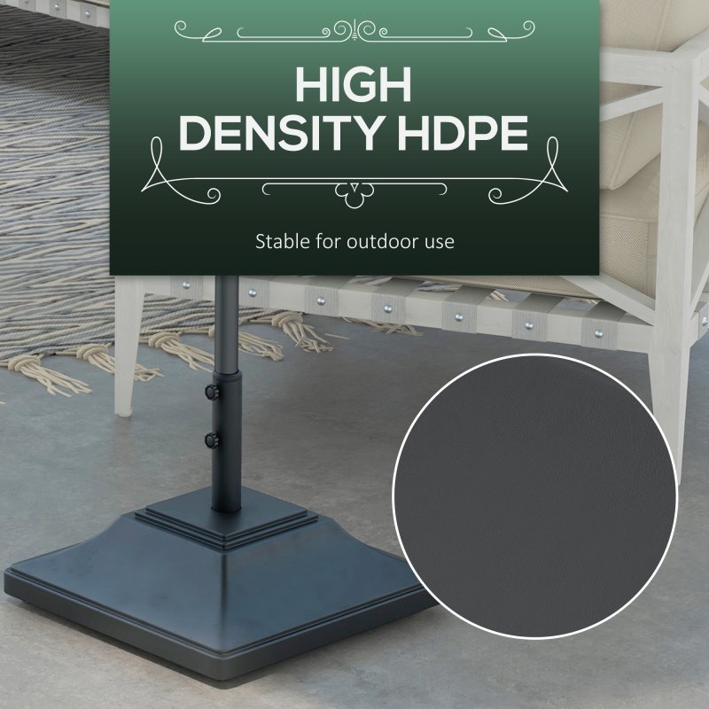 Outsunny Square Parasol Base with Wheels, 45kg Water or 60kg Sand Filled, Heavy Duty HDPE Umbrella Stand with Double Adjustable Knob, Fillable Parasol Stand for 38mm and 48mm Poles, Black