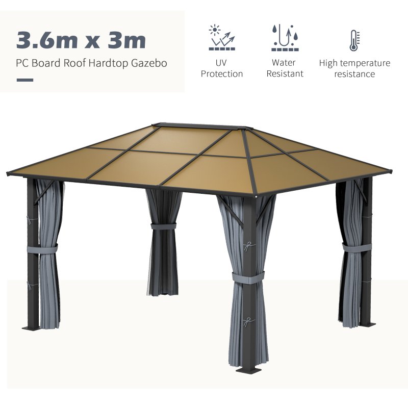 Outsunny 3 x 3.6m Hardtop Gazebo Canopy with Polycarbonate Roof, Aluminium Frame, Permanent Pavilion Garden Gazebo with Netting and Curtains - Grey