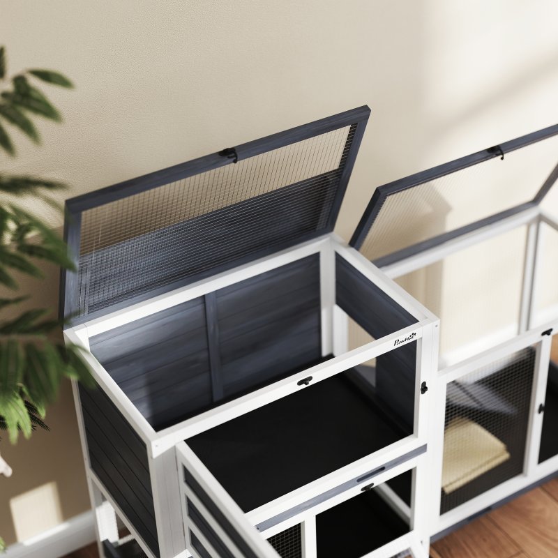 PawHut Rabbit Hutch with Run, 2-Tier Wooden Guinea Pig Hutch with Wheels, 2 Openable Tops, 3 Plastic Trays, Small Animal House Indoor for 2-3 Bunnies, Guinea Pigs, 147 x 45 x 89.5cm, Grey