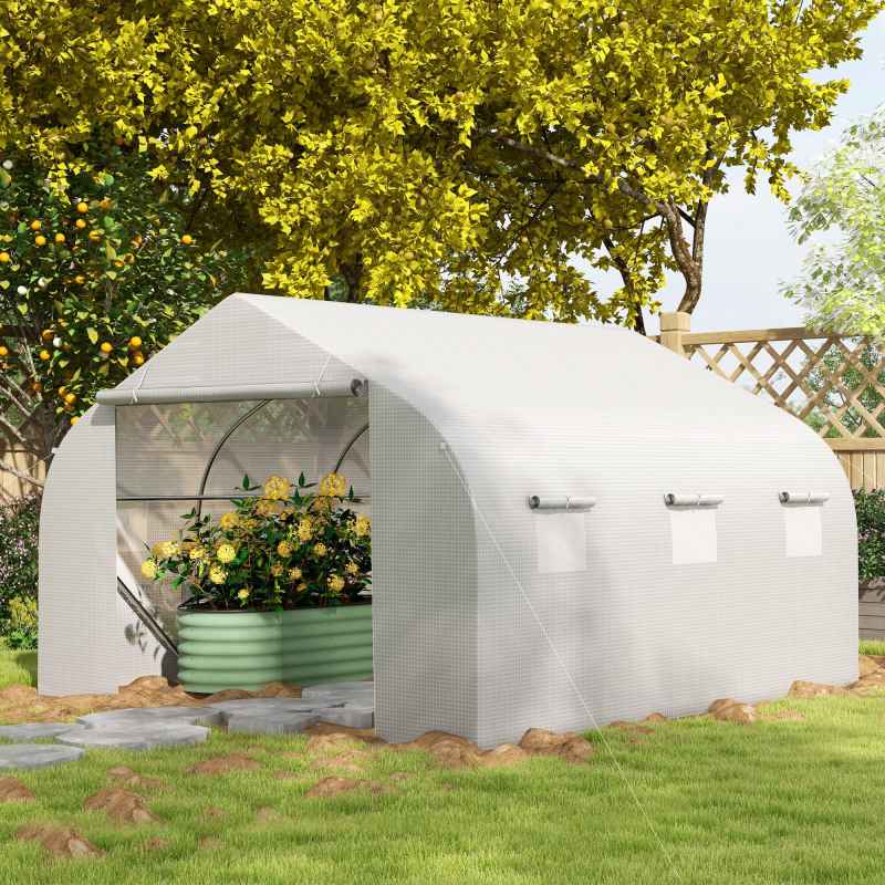 Outsunny Walk-In Polytunnel Greenhouse Warm House Garden Tunnel Shelter Plant Shed with Door and Windows, Galvanised Steel Frame, 3.5 x 3 x 2m, White