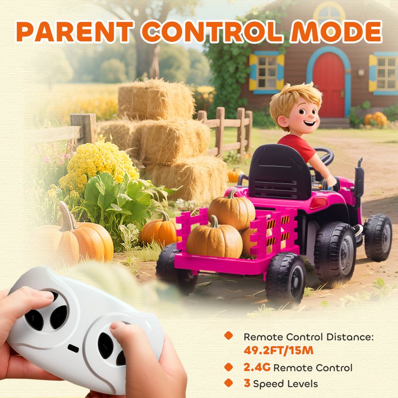 AIYAPLAY Ride on Tractor with Trailer, 12V Electric Vehicle with Remote Control, Ride on Car for Kids with Music, Shifter, Start-Up Sound for Ages 3-8 Years, Pink