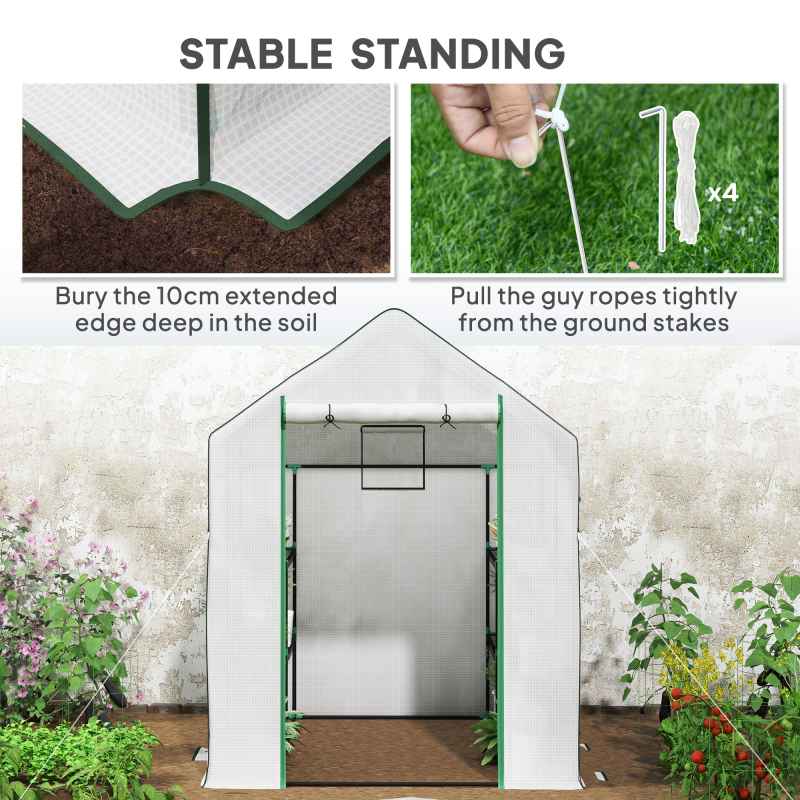 Outsunny Walk-in Greenhouse with 3 Tier 8 Shelves, Small Greenhouse with Reinforced PE Cover, Garden Plant Growhouse with Roll-up Door and Three Mesh Windows, 140 x 143 x 190 cm, White
