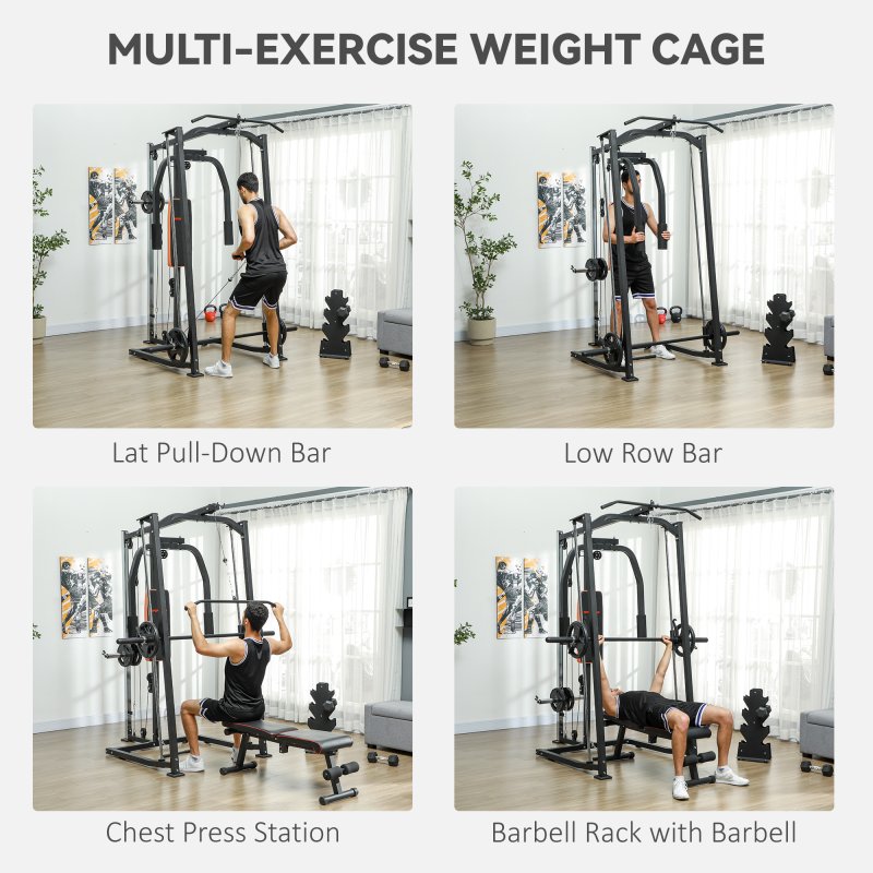 SPORTNOW 3-In-1 Smith Machine, Multifunctional Power Cage with Dual Cable Pulley System, Chest Press Station, 17-Level Squat Rack and Barbell Bar, Home Gym System