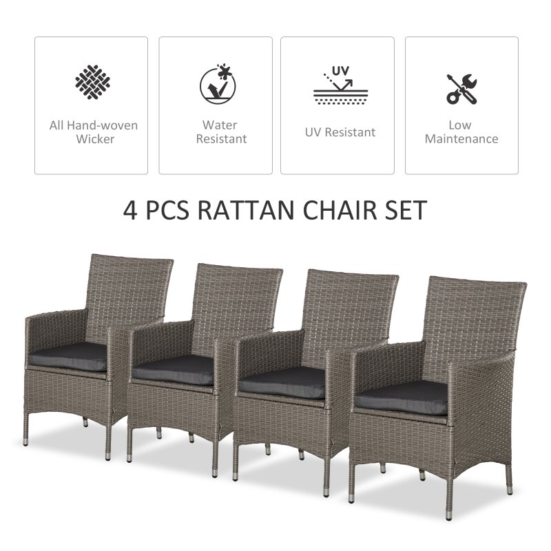 Outsunny 4 Pieces Outdoor PE Rattan Dining Chairs Set with Cushion, Garden Armchair with Armrests, High Backrest, Metal Frame Patio Wicker Furniture, Grey