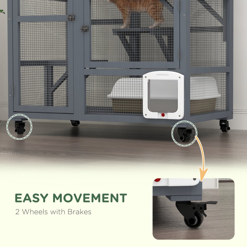 PawHut Cat Cage House, Catio Cat Indoor Enclosure on Wheels, Weather-Resistant Wooden Kitty Cage with Platforms, Hammock, Light Grey
