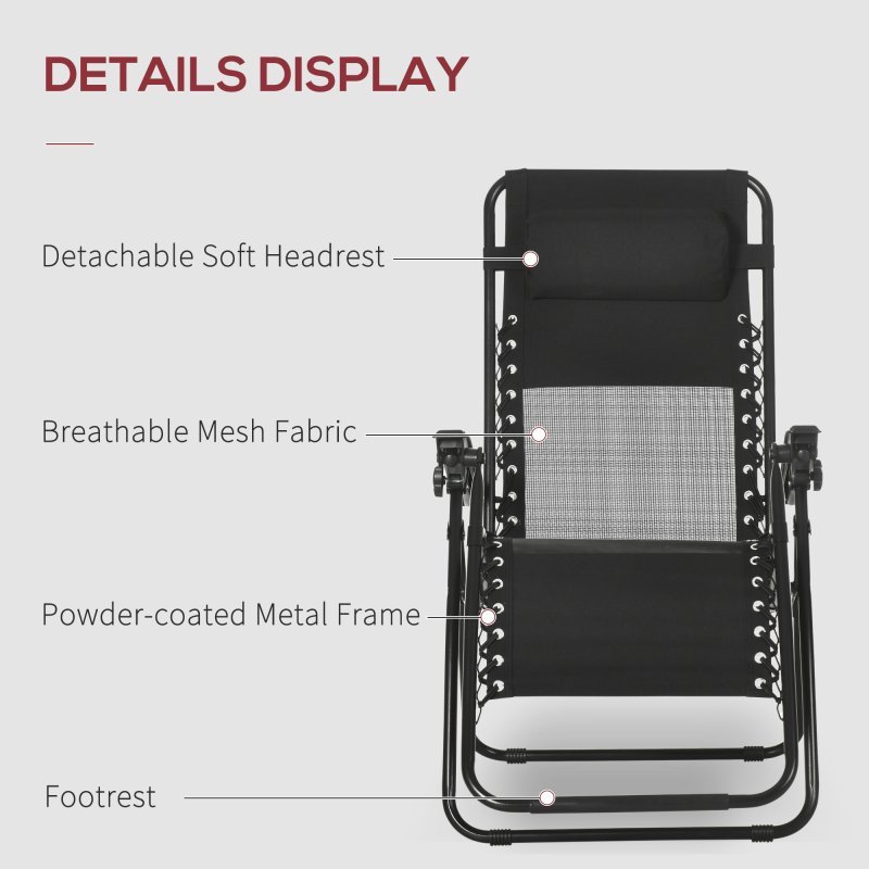 Outsunny Garden Recliner Chairs Set of 2, Outdoor Foldable Zero Gravity Chairs Set w/ Footstool and Detachable Headrest, Black