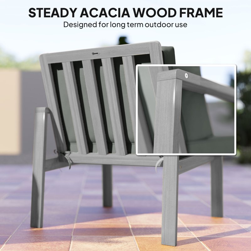 Outsunny 4 Pieces Garden Furniture Set with Cushions, Wooden Garden Sofa Set with 1 Loveseat, 2 Armchairs and 1 Coffee Table, Outdoor Table and Chairs for Conservatory, Balcony, Patio, Light Grey