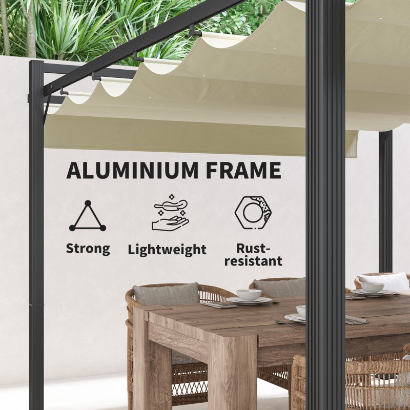 Outsunny 3 x 4m Pergola with Retractable Roof Canopy, Aluminium Frame Garden Gazebo Outdoor Sun Shade Shelter for Grill, Patio, Deck, Khaki