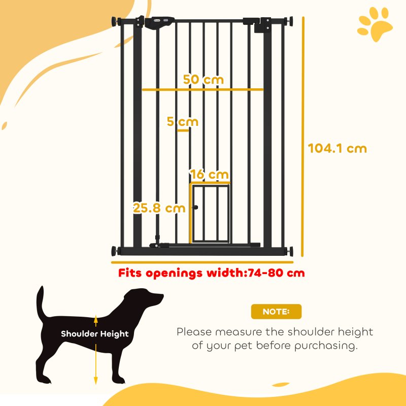 PawHut Extra Tall Dog Gate with Cat Flap, Pet Safety Gate for Doorways Stairs with Auto Close Double Locking, 104 cm Tall 74-80 cm Wide, Black