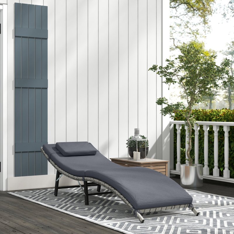 Outsunny Folding Rattan Sun Lounger, Wicker Garden Lounger with Cushion and Pillow, Outdoor Sunbed with Steel Frame for Patio, Beach, Terrace, Grey