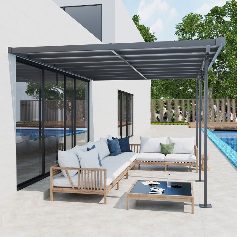 Outsunny Outdoor Patio Wall-mounted 4.35 x 3(m) Gazebo Pergola, Aluminum Post, PC Roof