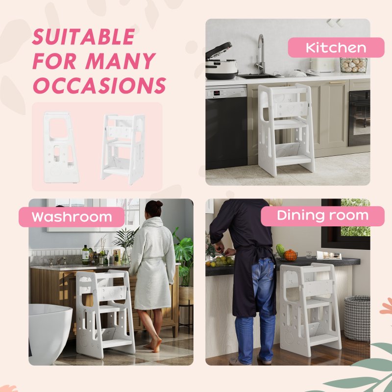 HOMCOM Kids Step Stool, Adjustable Standing Platform, Toddler Kitchen Stool, Standing Tower for Kids, Kitchen Counter with Three Adjustable Heights - White