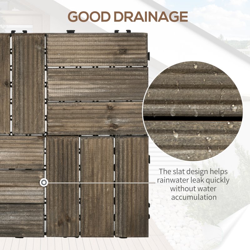 Outsunny 27 Pcs Wooden Interlocking Decking Tiles, Outdoor Flooring Tiles for Patio, Balcony, Terrace, Hot Tub, 30 x 30 cm per Piece, 2.5m² per Pack, Charcoal Grey