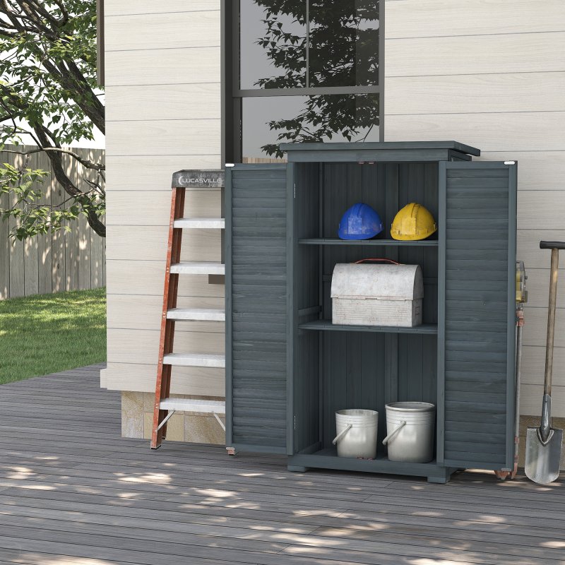 Outsunny Small Shed, Wooden Garden Storage Shed, 3 Shelves Outdoor Tool Shed Cabinet with Asphalt Roof and Shutter Doors, 87cm x 47cm x 160cm, Grey