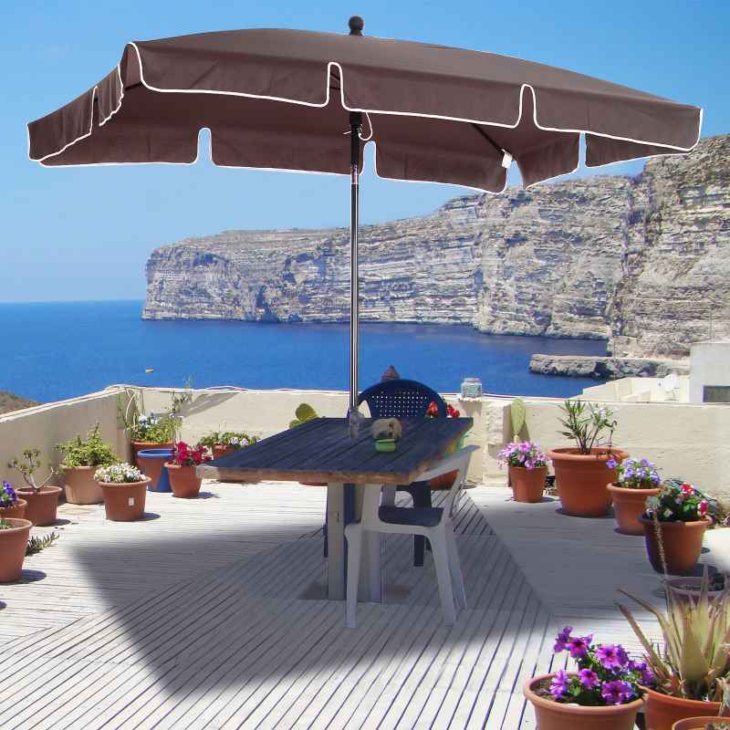 Outsunny 2 x 1.3m Garden Parasol Umbrella, Outdoor Market Table Umbrella with Ruffles & Aluminium Pole, Rectangular Tilting Parasol Sun Shade Canopy, Brown