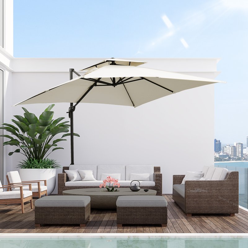 Outsunny 2.7 x 2.7(m) Cantilever Parasol with Aluminium Frame, Crank and Tilt, 360-Degree Rotation, Double Top Garden Umbrella with Base and Cover, Beige