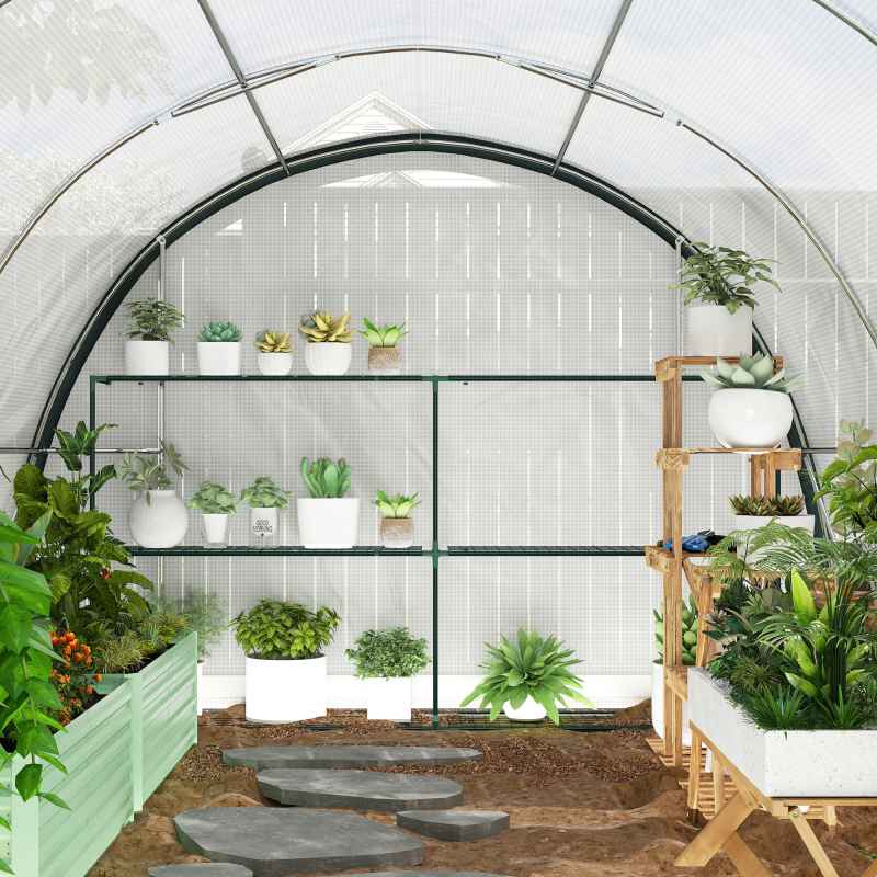 Outsunny 4 x 3(m) Walk-in Polytunnel Greenhouse with Upgraded Structure, Zipped Roll Up Mesh Door, 6 Mesh Windows, Tunnel Warm House Tent with PE Cover, 10 Plant Labels and Gloves, White