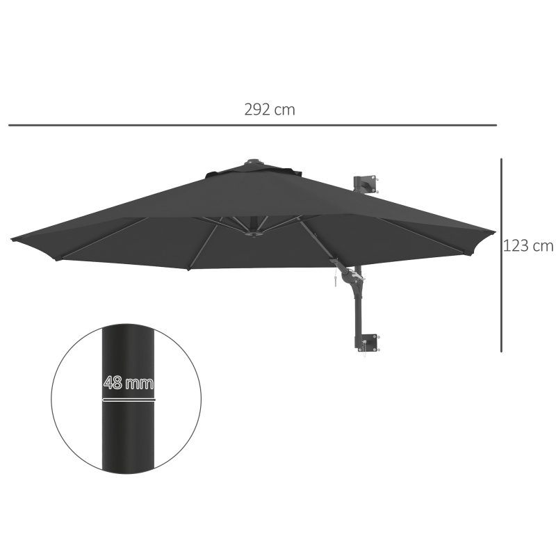 Outsunny 3 M Wall Mounted Garden Parasol Umbrella with Rotate, Outdoor Market Umbrella Sun Shade Canopy with 8 Ribs, Charcoal Grey