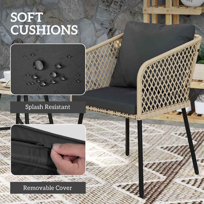 Outsunny 3 Piece Rattan Bistro Set, Patio Wicker Conversation Furniture Set with 2 Chairs, Tempered Glass Table, Cushions, Adjustable Foot Pads, for Garden, Balcony, Nature Wood Finish