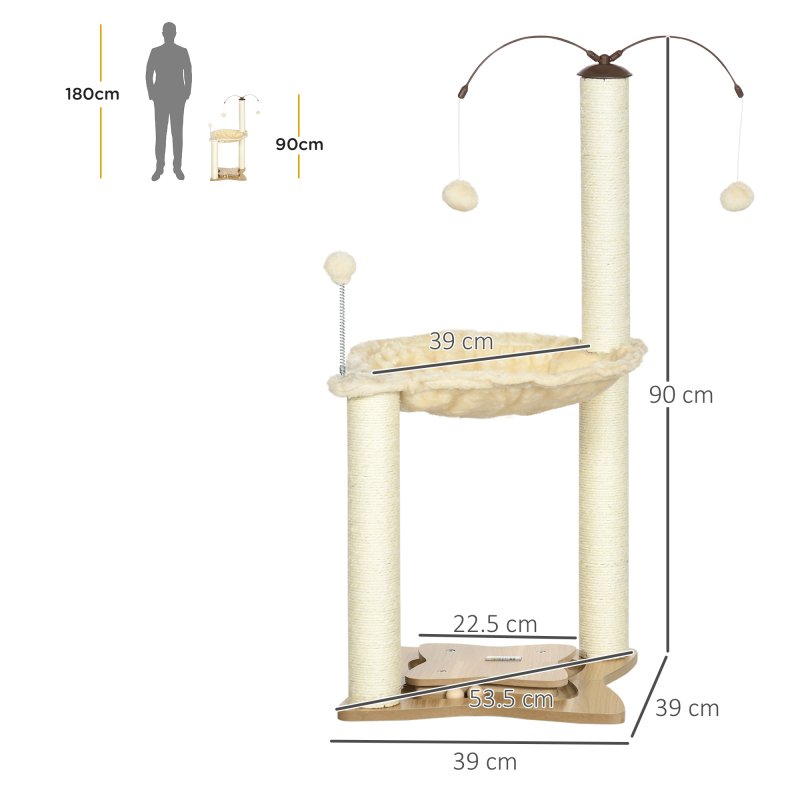 PawHut Cat Tree for Indoor Cats, Cat Scratching Post with Bed, Toy Ball, 53.5 x 53.5 x 90cm - Beige