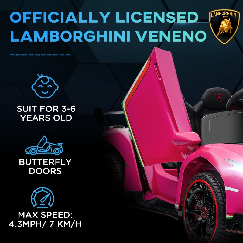 HOMCOM Lamborghini Veneno Licensed 12V Ride on Car, Electric Car for Kids with Butterfly Doors, 7km/h Kids' Electric Ride on with Remote, Music, Horn, Suspension for Ages 3-6 Years, Pink