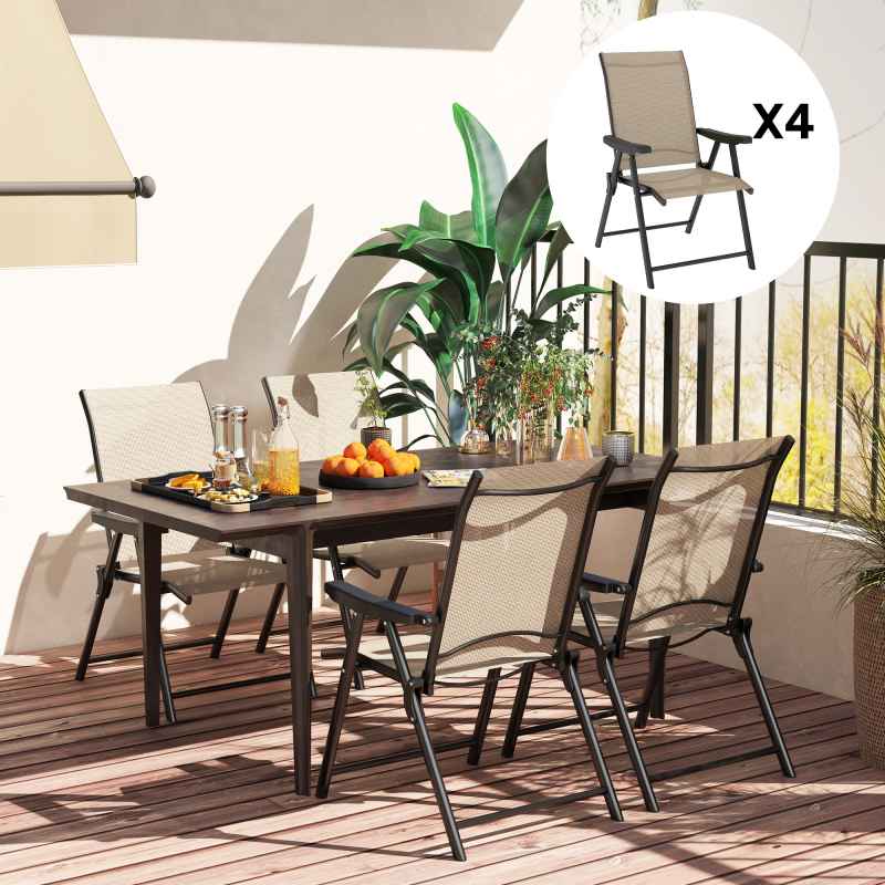 Outsunny Set of 4 Folding Chair, Garden Chair Set with Breathable Mesh Back and Seat, Outdoor Camping Chairs with Armrests, Steel Frame for Deck Balcony, Brown