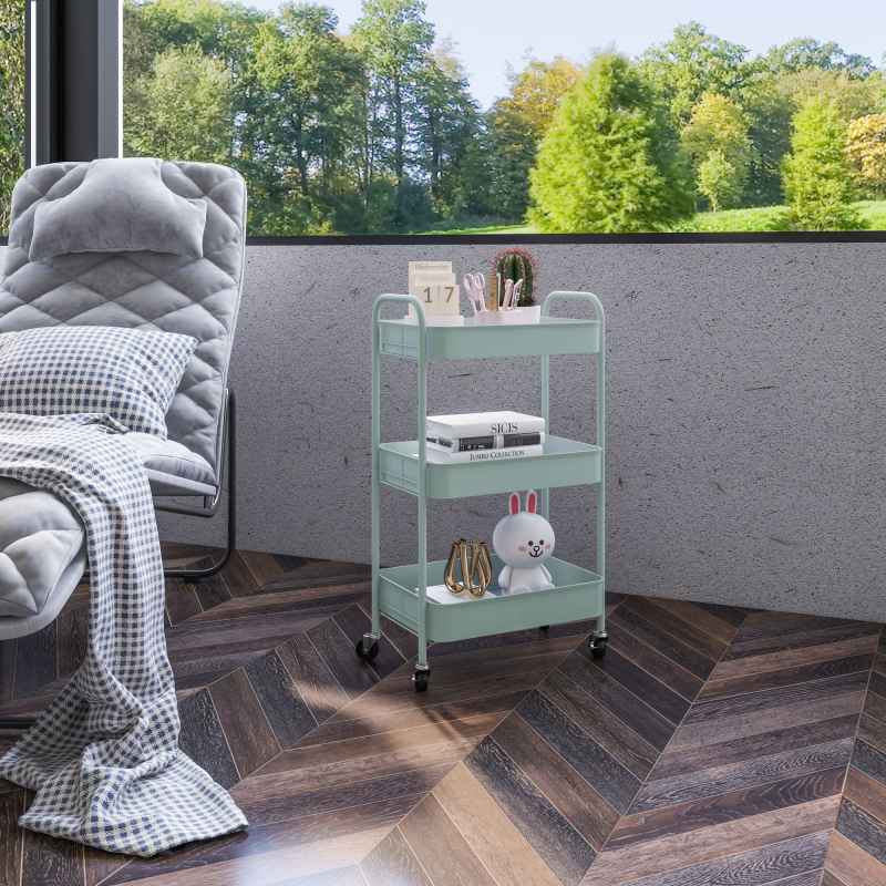 HOMCOM 3-tier Storage Trolley on Wheels, Metal Storage Cart, Rolling Ultility Cart with 3 Mesh Baskets for Living Room, Kitchen, Light Blue