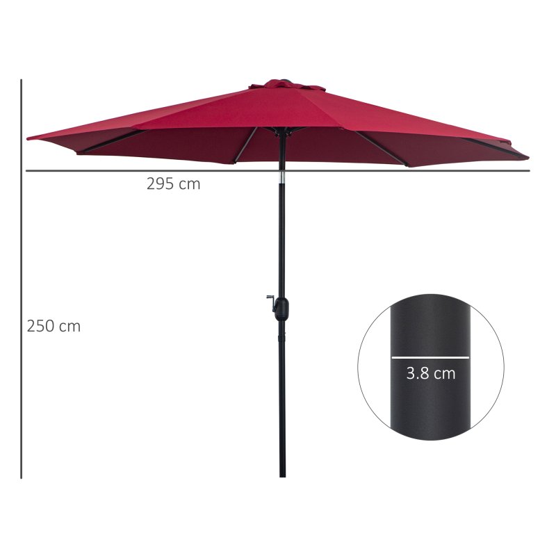 Outsunny 3(m) Garden Parasol Umbrellas, Outdoor Sun Shade with 8 Ribs, Tilt and Crank Handle for Balcony, Bench, Garden, Wine Red