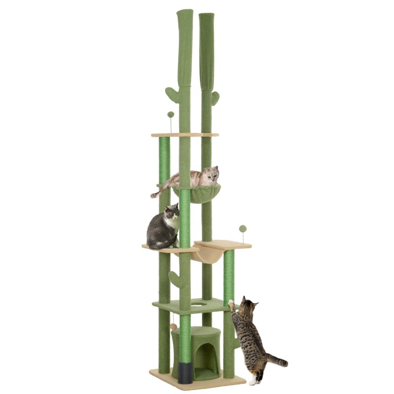 PawHut Floor to Ceiling Cat Tree, 225-255cm Adjustable Cat Tower Indoor, Multi-Level Activity Centre with Sisal Scratching Posts, Grooming Brush Post, Hammocks, Green
