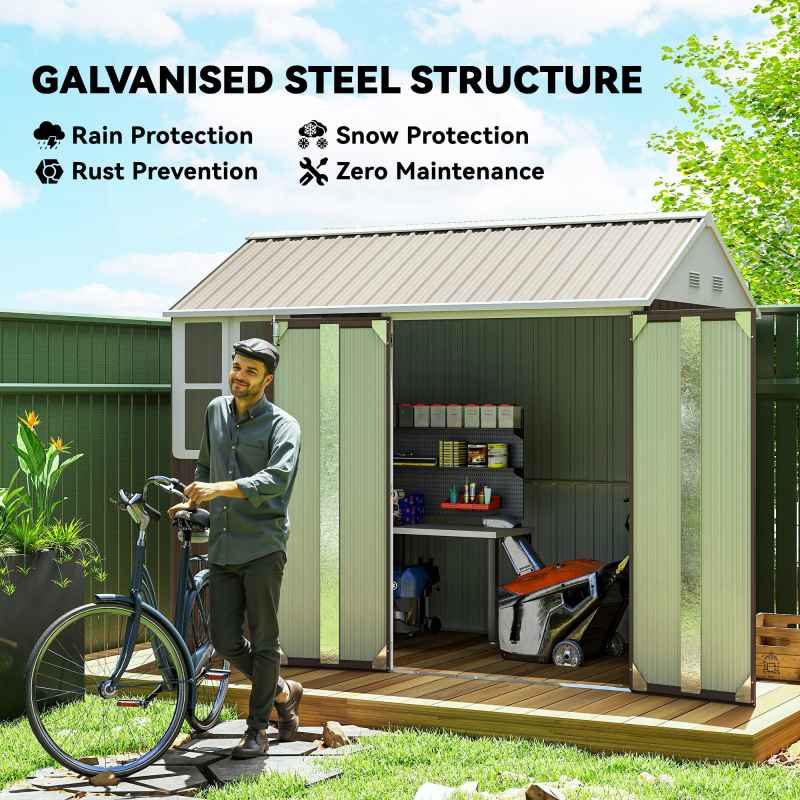 Outsunny 8 x 6 ft Garden Shed, Metal Shed with Double Doors, Window and Air Vents, Galvanised Outdoor Lockable Tool Storage House, Grey