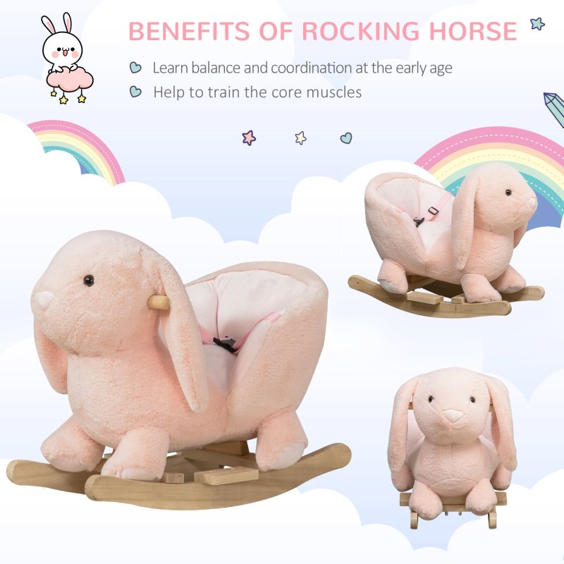 HOMCOM Kids Rocking Rabbit, Plush Rocking Horse Ride-On w/ Sound, Wood Base, Seatbelt, for Ages 18-36 Months, Pink
